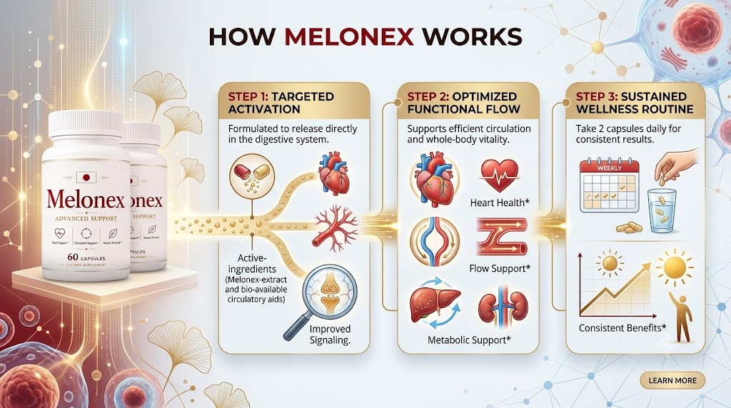 Graphic titled How Melonex Works with three steps: targeted activation, optimized functional flow and sustained wellness routine, showing a heart, blood vessels, liver and kidneys